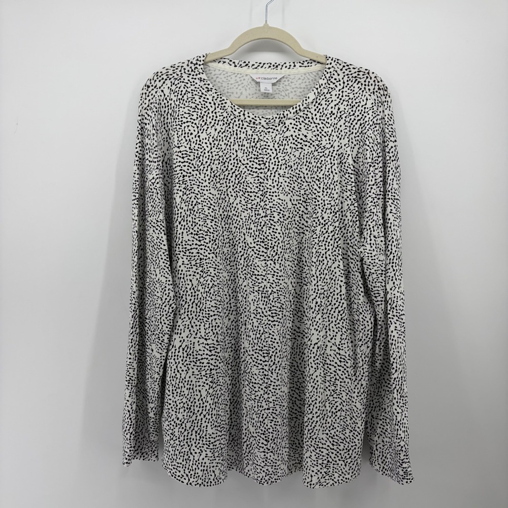 Liz Claiborne Womens XL White Black Top Long Sleeve Abstract Print Crew Neck